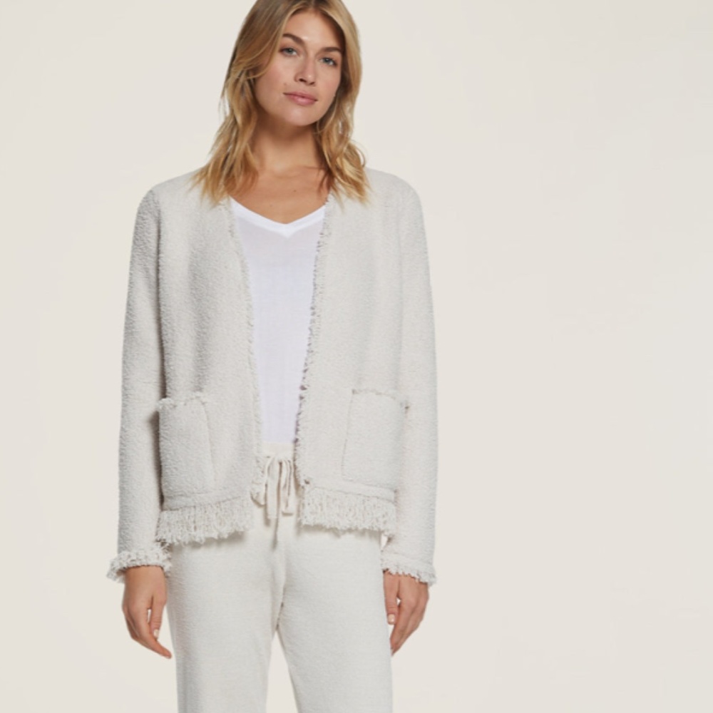 Barefoot Dreams CozyChic Fringed Jacket in Almond Size Small